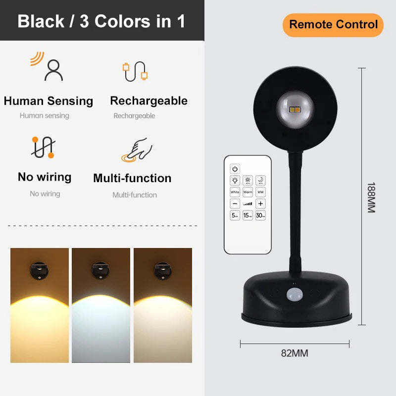 USB Rechargeable Intelligent Human Sensing Wireless Wall Light Dimmable Led Spotlight for Lighting Paintings Pictures 3 Colors