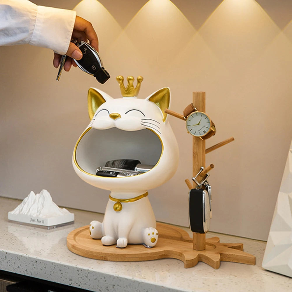NEW Fortune Crown Big Mouth Cat Entrance Key Storage Tray Decorative Ornament, Light Luxury Housewarming Gift Sculpture
