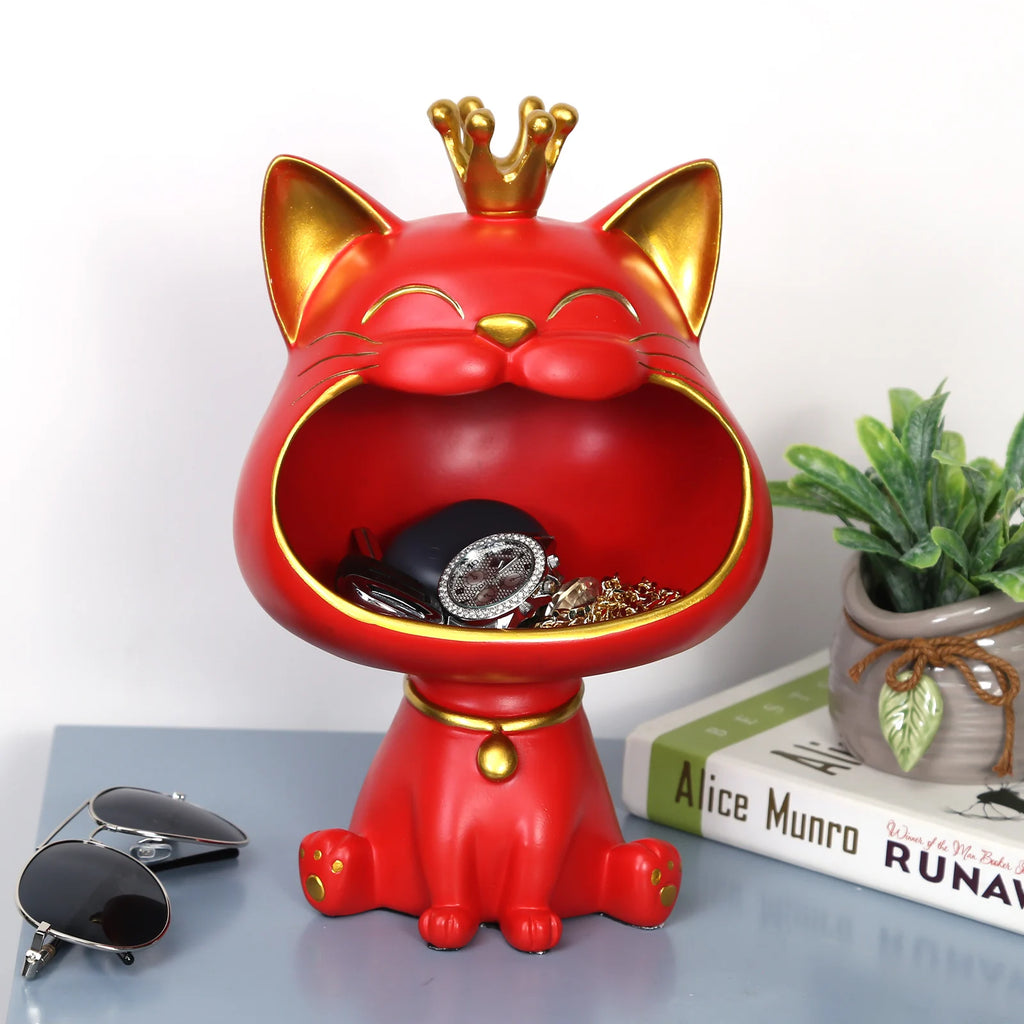 NEW Fortune Crown Big Mouth Cat Entrance Key Storage Tray Decorative Ornament, Light Luxury Housewarming Gift Sculpture