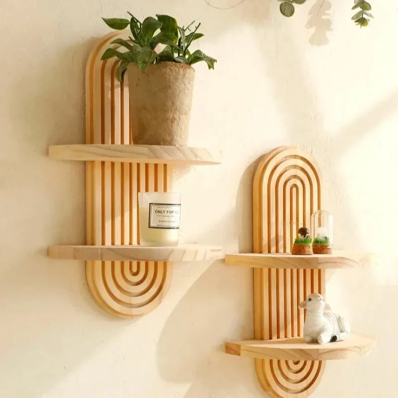 1Pc Wooden Wall Mounted Shelves, Boho Style Rack, Modern Home Decor for Living Room, Bathroom Display Decoration