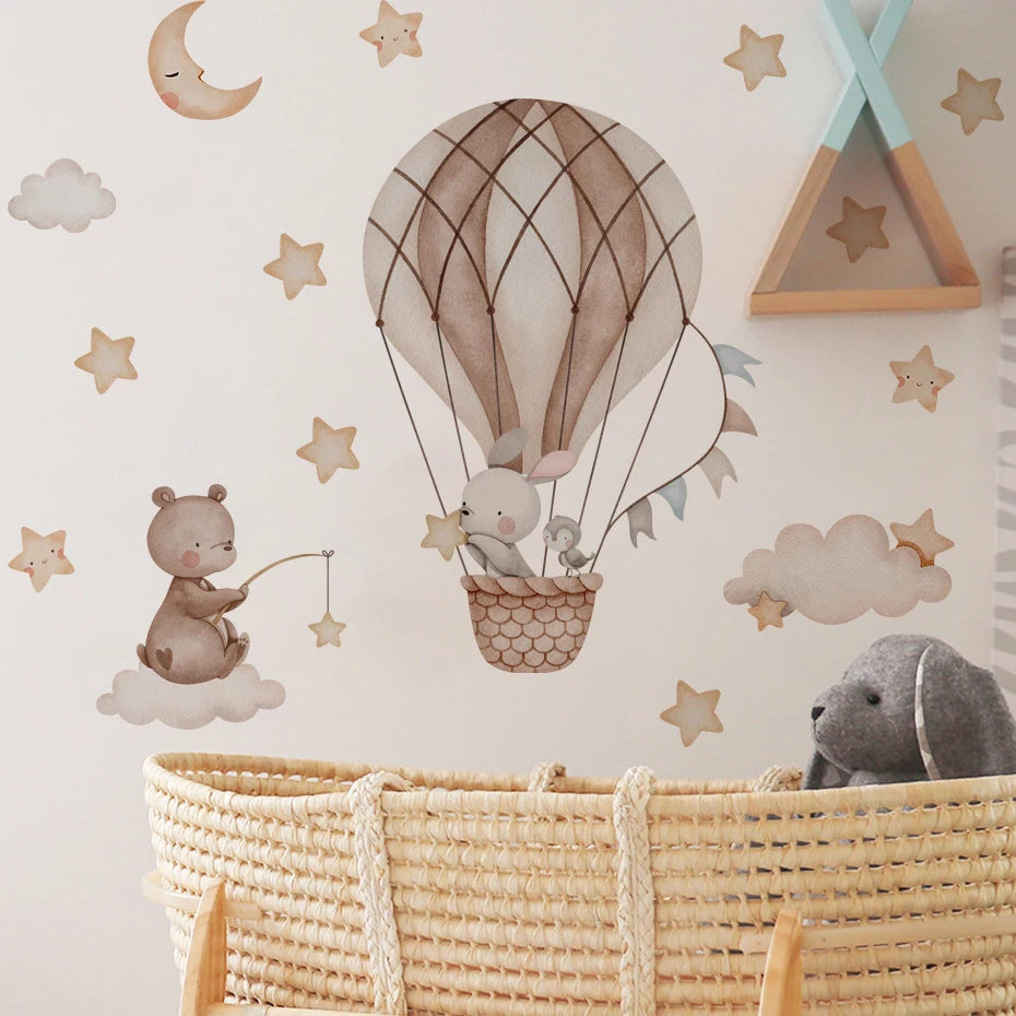 Cartoon Hot Air Balloon Animals Bear Rabbits Wall Stickers for Child Room Boy Room Decoration Nursery Baby Room Decoration Decal