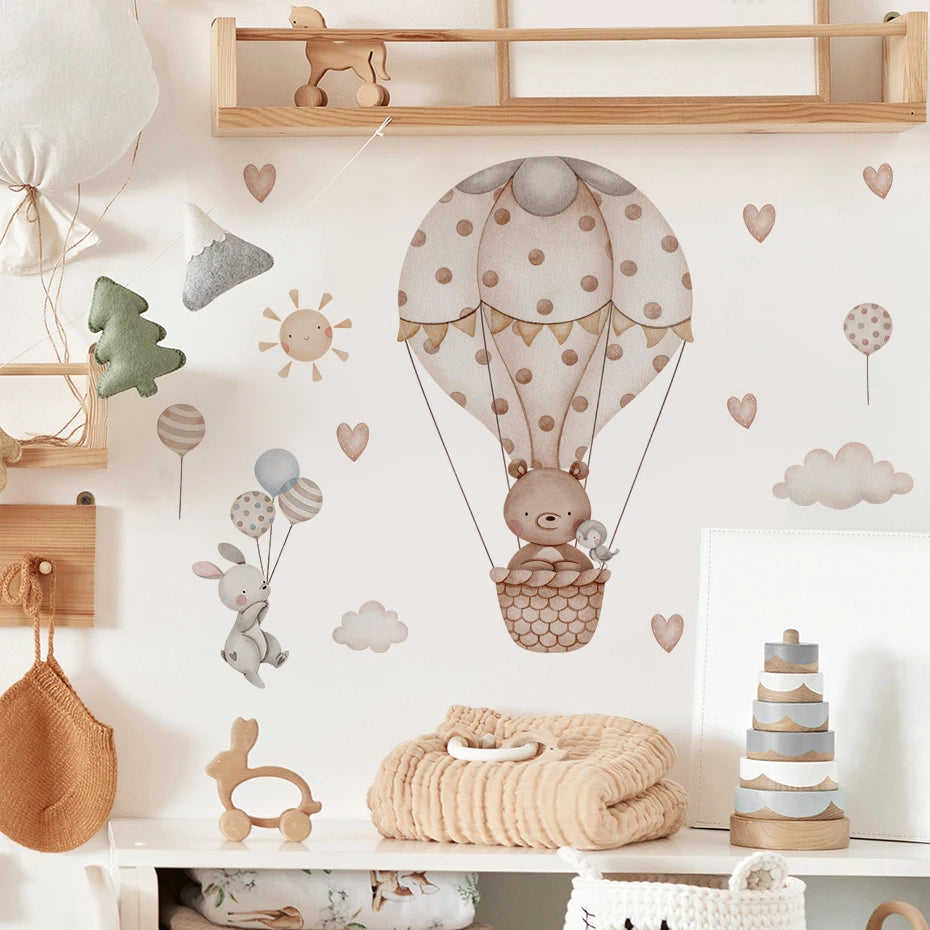 Cartoon Hot Air Balloon Animals Bear Rabbits Wall Stickers for Child Room Boy Room Decoration Nursery Baby Room Decoration Decal