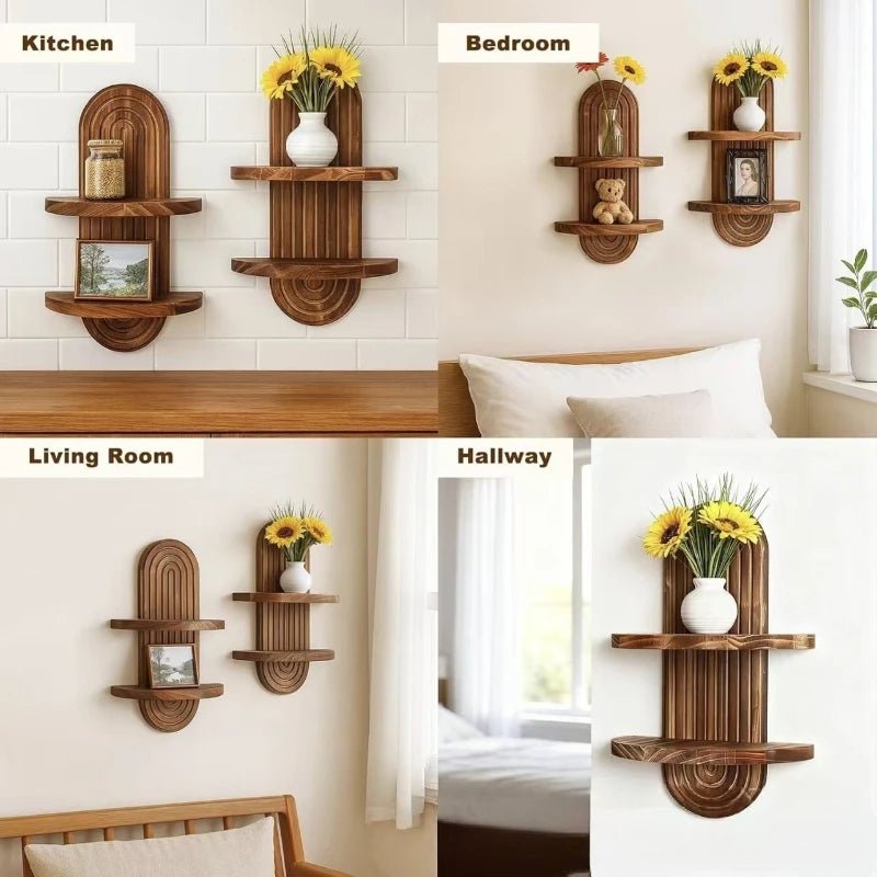 1Pc Wooden Wall Mounted Shelves, Boho Style Rack, Modern Home Decor for Living Room, Bathroom Display Decoration