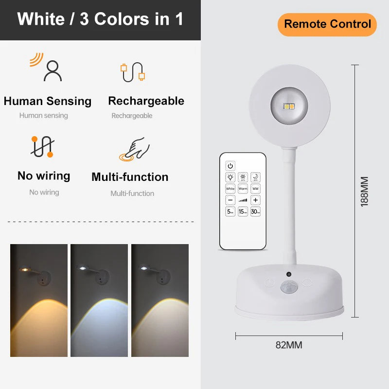 USB Rechargeable Intelligent Human Sensing Wireless Wall Light Dimmable Led Spotlight for Lighting Paintings Pictures 3 Colors