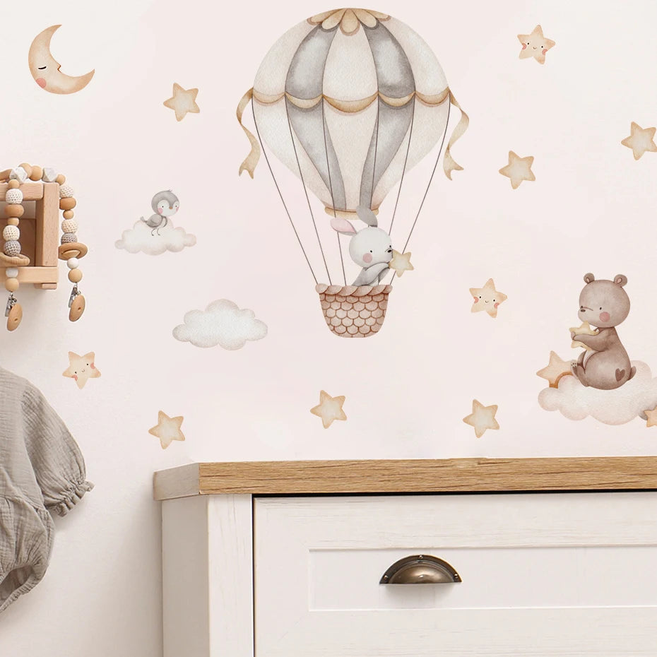 Cartoon Hot Air Balloon Animals Bear Rabbits Wall Stickers for Child Room Boy Room Decoration Nursery Baby Room Decoration Decal