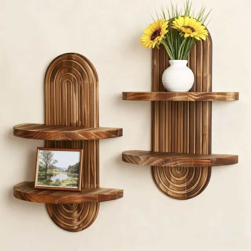 1Pc Wooden Wall Mounted Shelves, Boho Style Rack, Modern Home Decor for Living Room, Bathroom Display Decoration